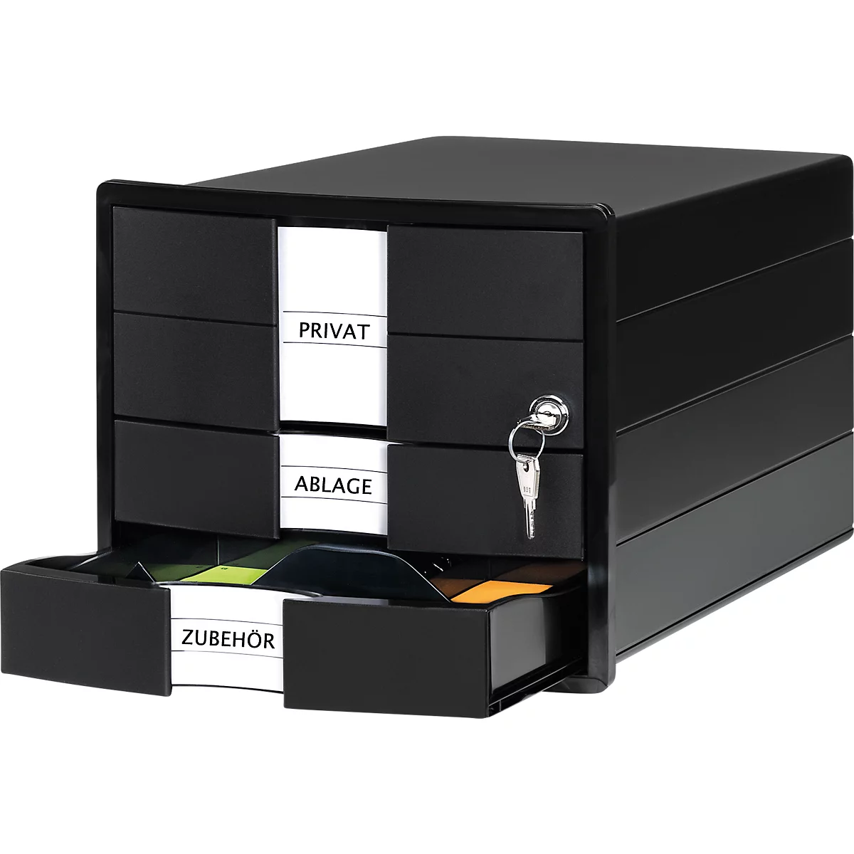 Black office cabinet with 4 drawers, key, and labels 'Private', 'Filing', and 'Accessories'.