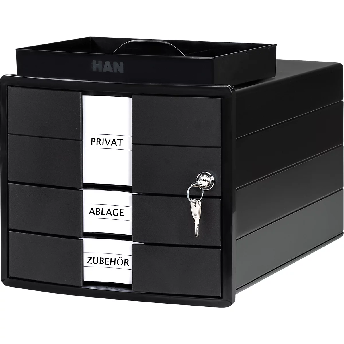 Black office drawer cabinet with three drawers, key and labels: Private, Storage, Accessories.