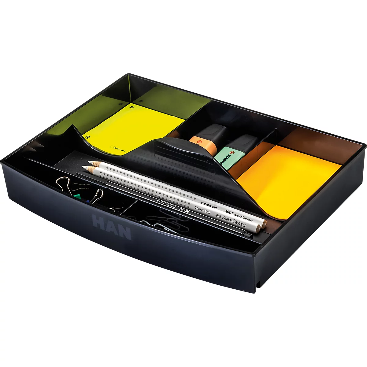 Black office tray with stationery: pencil, highlighters, sticky notes, paper clips, and HAN logo.