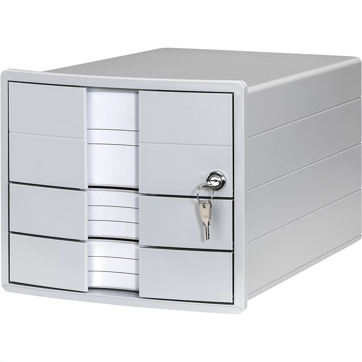 Grey filing cabinet with drawers and lock. Some drawers are open revealing stacks of paper.