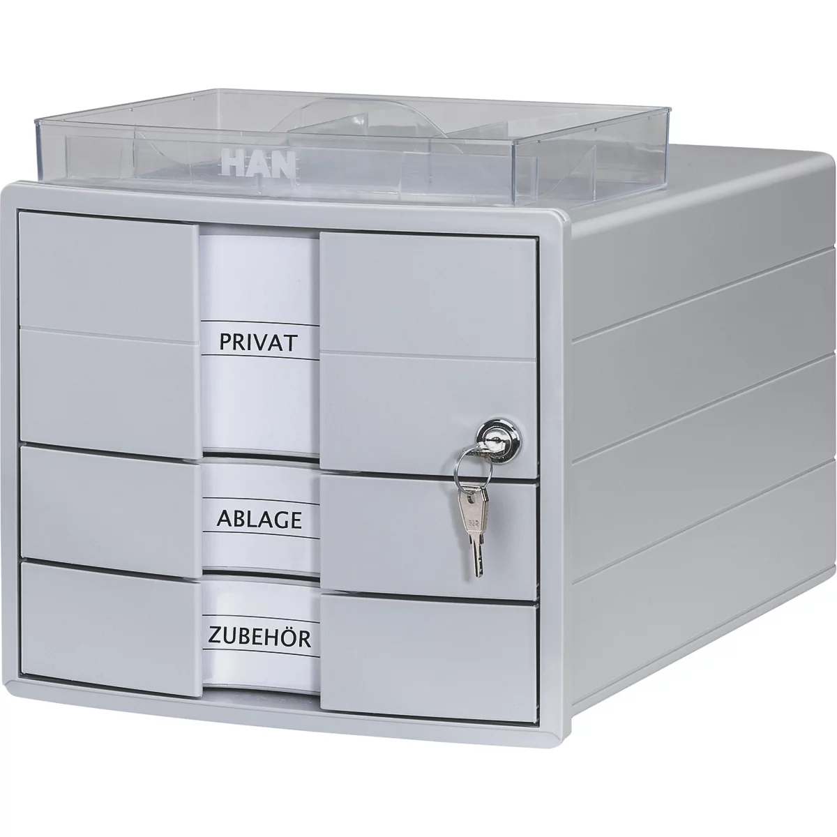 Grey desk organizer with drawers, key and labels: PRIVATE, STORAGE, ACCESSORIES.