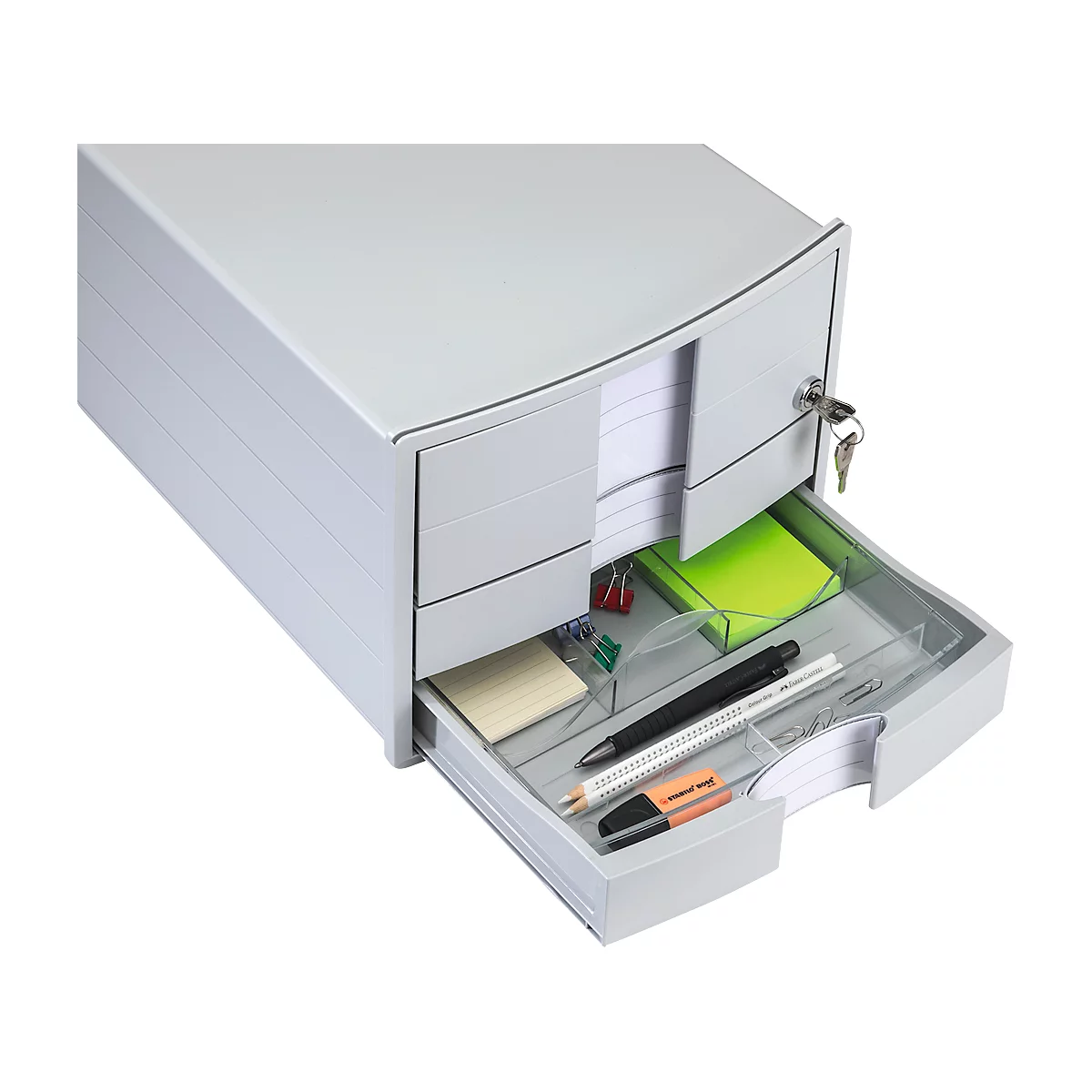 Grey office filing cabinet with an open drawer. Inside there are notes, pens and paper.