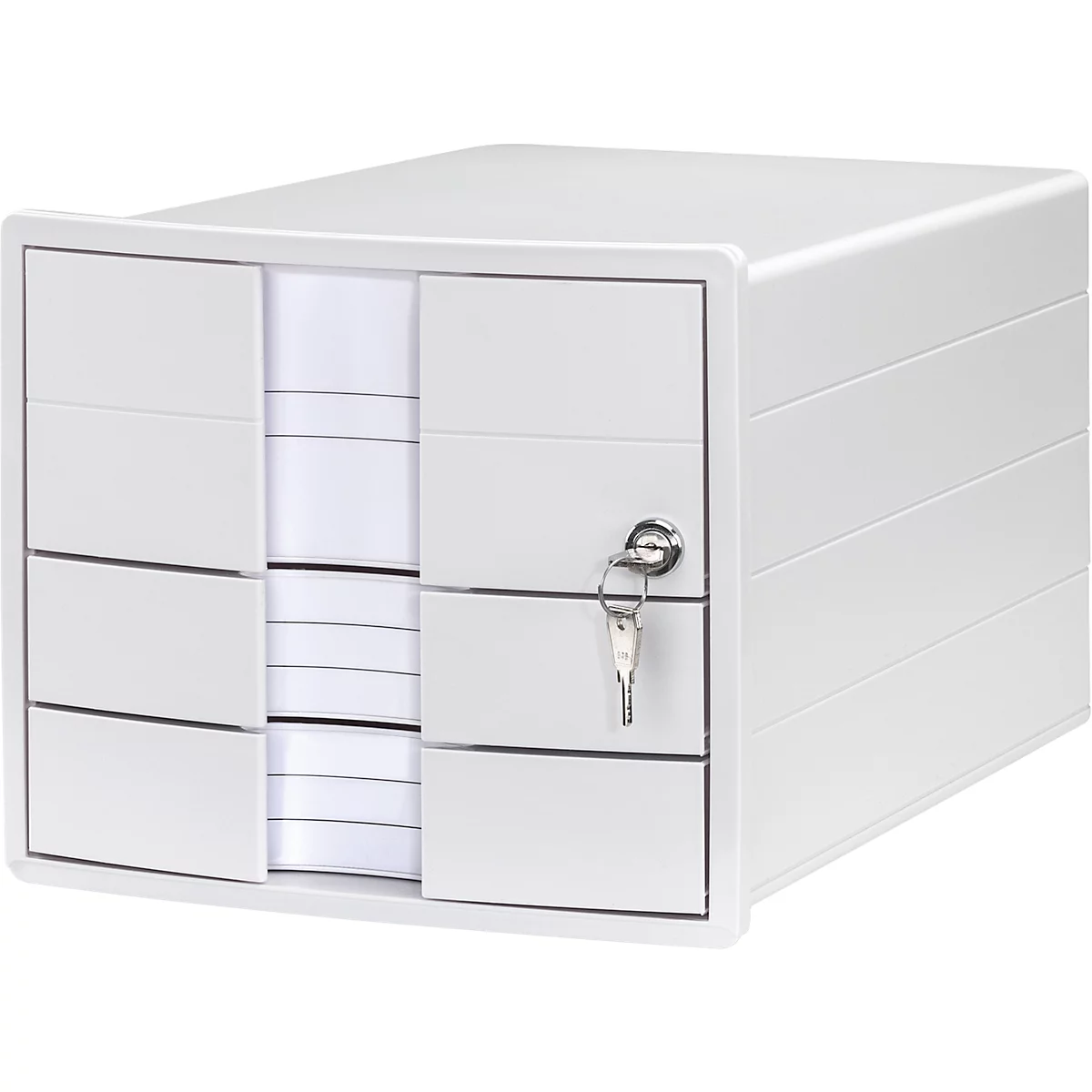 White file cabinet with four drawers, with key lock, opened. Stacks of paper inside.