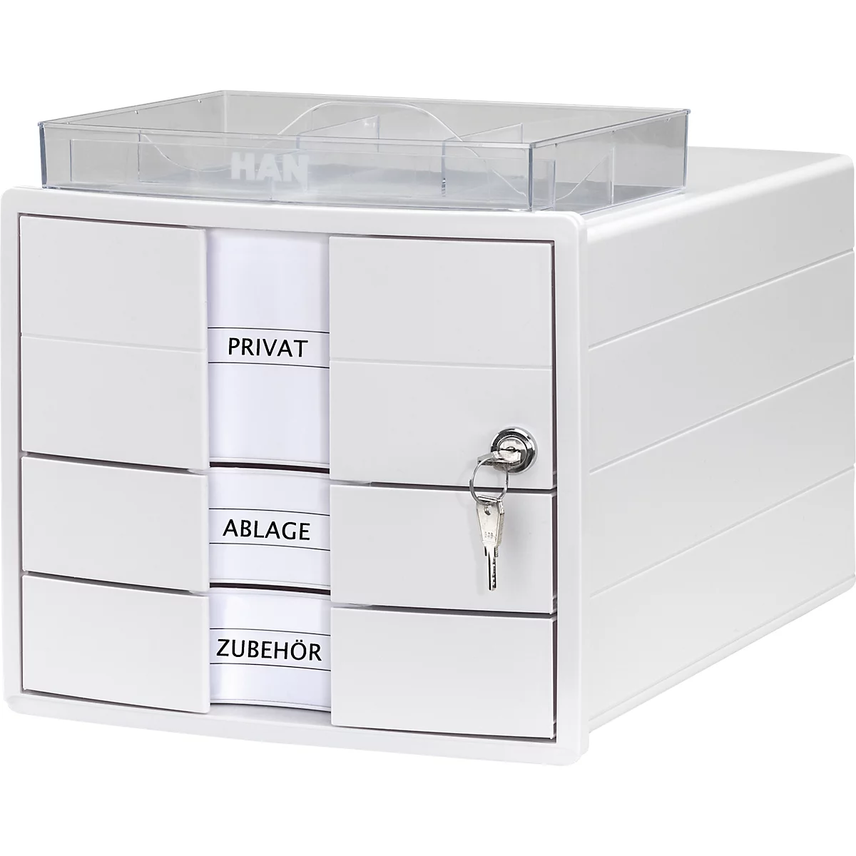 White drawer cabinet with key and labels: Private, Filing, Accessories. On top a transparent tray.
