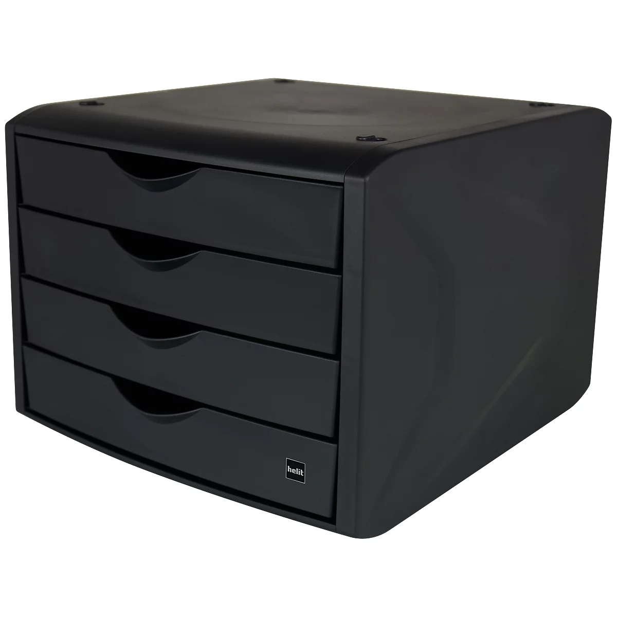 Black office drawer cabinet with four drawers and recessed handles.
