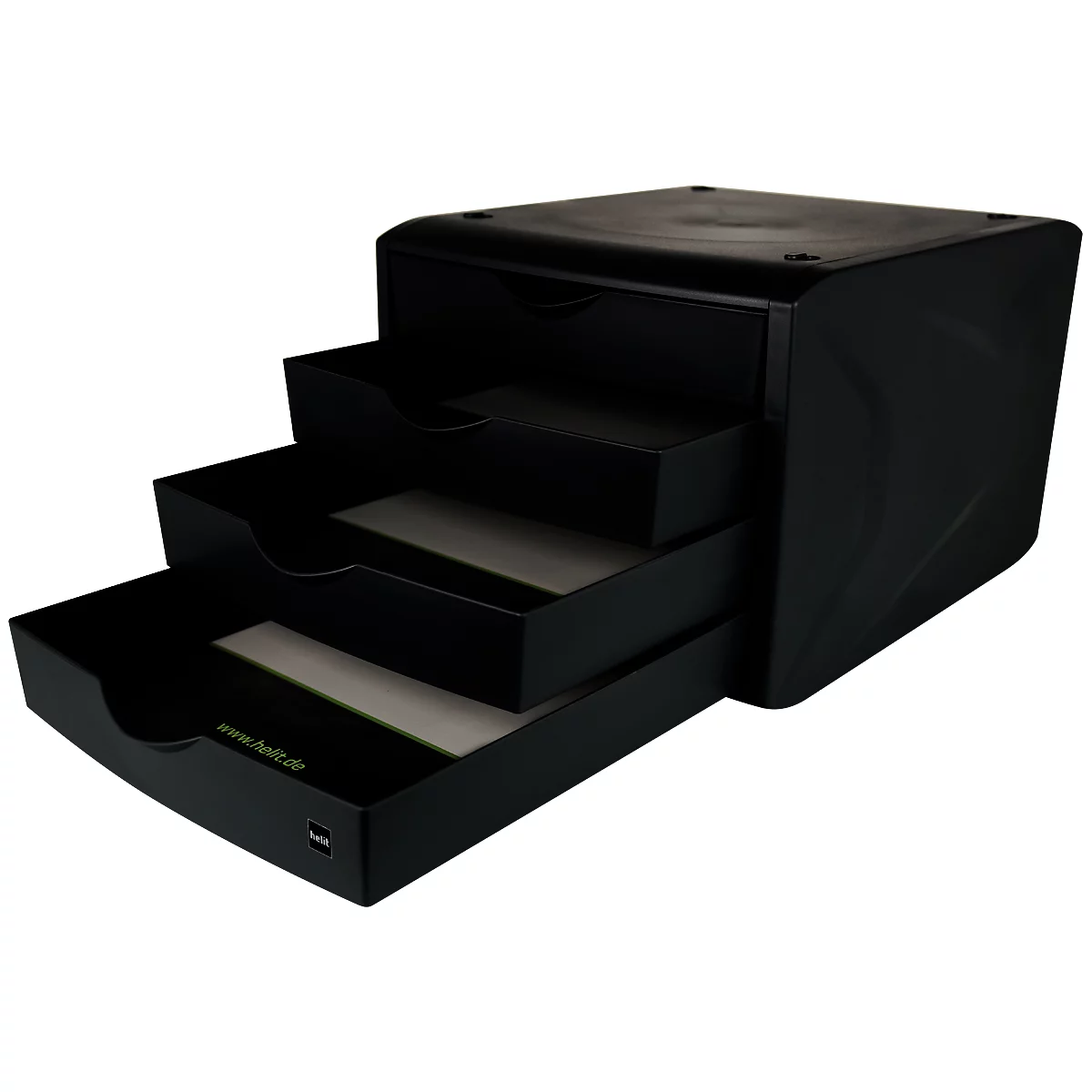 Black drawer box with three drawers, partially open. A website address on it.