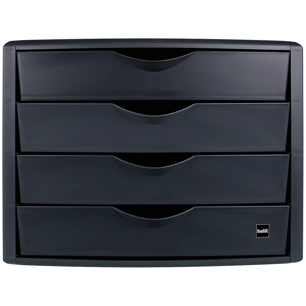 Dark grey drawer cabinet with four compartments. Each compartment has a handle-less opening. The helit logo is at the bottom right.