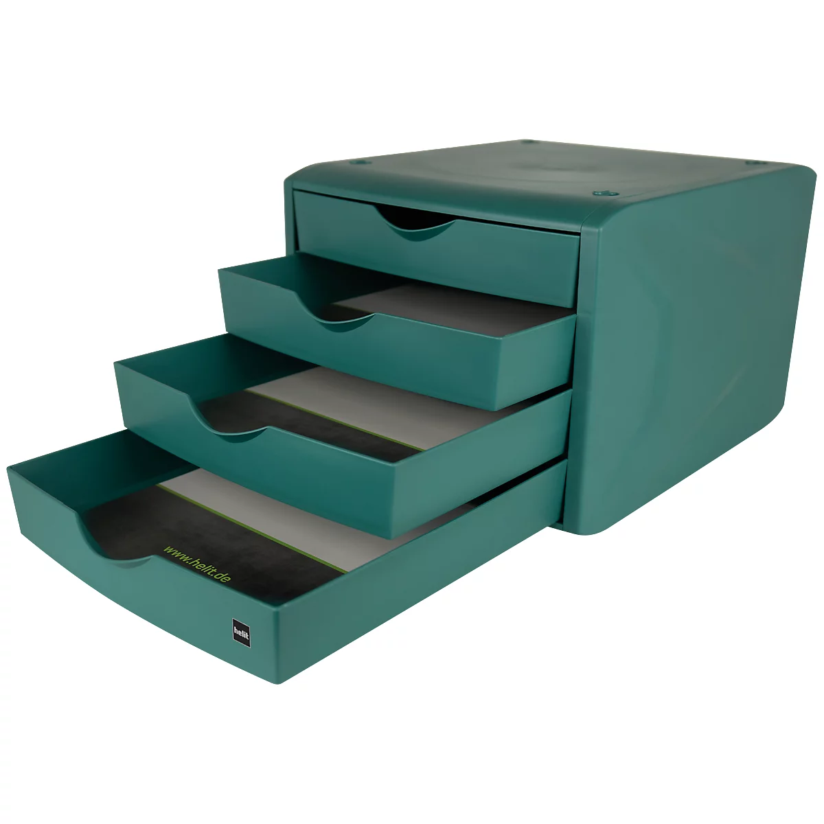 A green drawer cabinet with four open drawers. The drawers feature the logo of feltz.de.