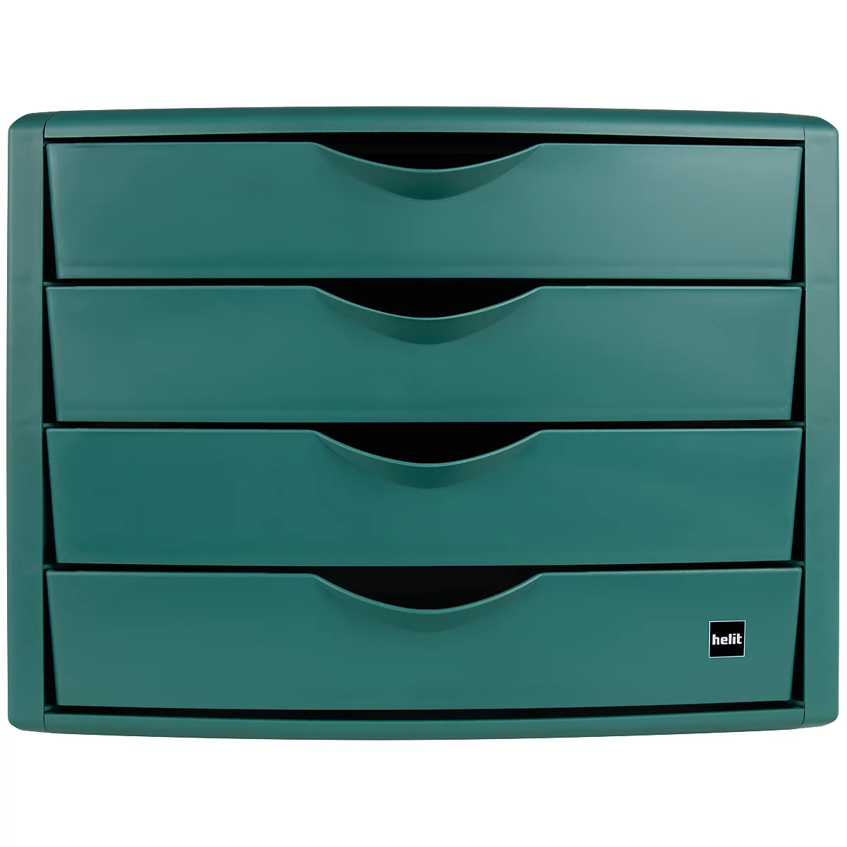 Green drawer cabinet with four drawers and curved recesses for handles.