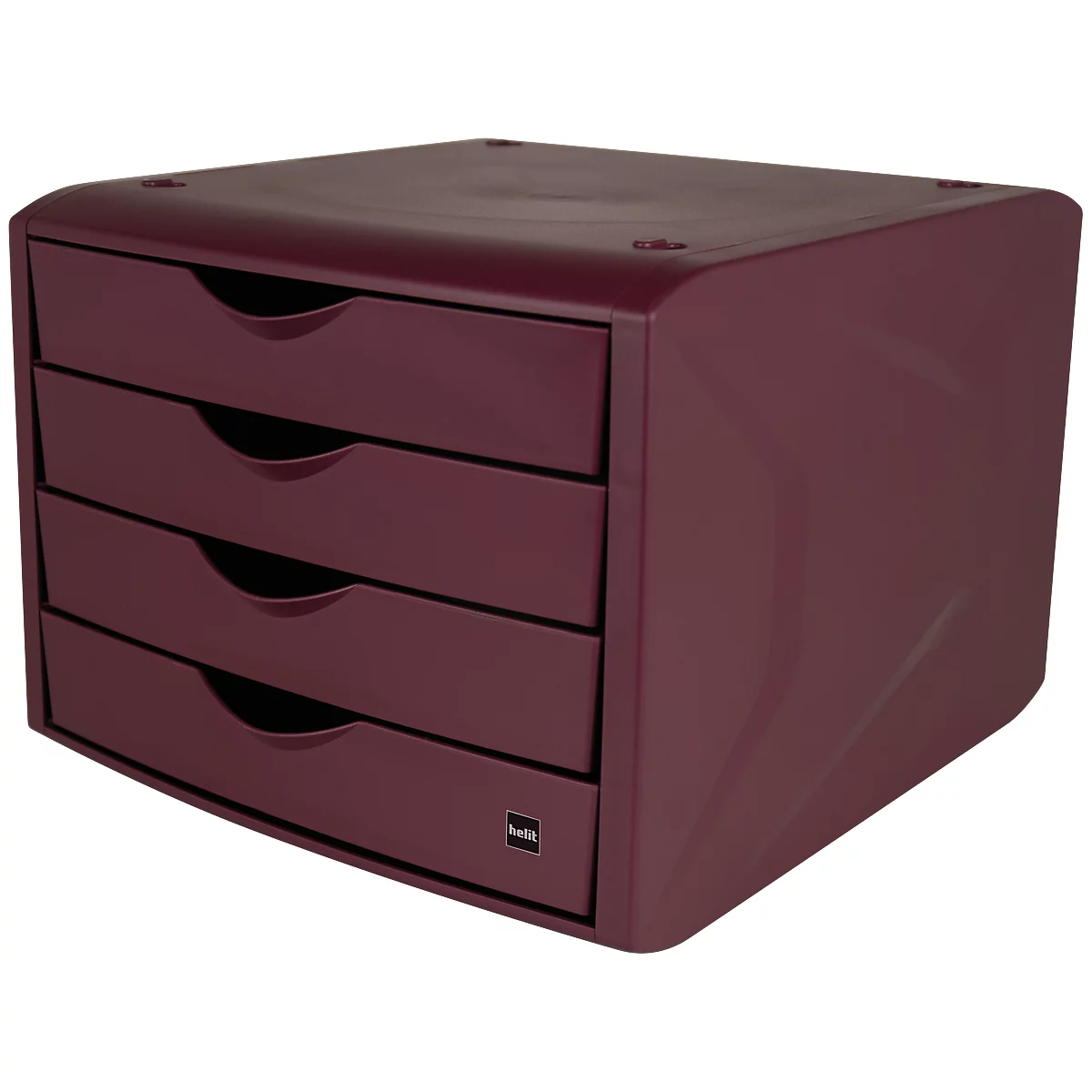 Burgundy file cabinet with four drawers. Small company logo at the bottom.