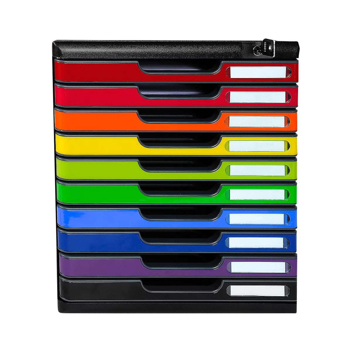 Multi-colored document organizer with drawers. Top is black, then red, orange, yellow, green, blue, purple, and black.