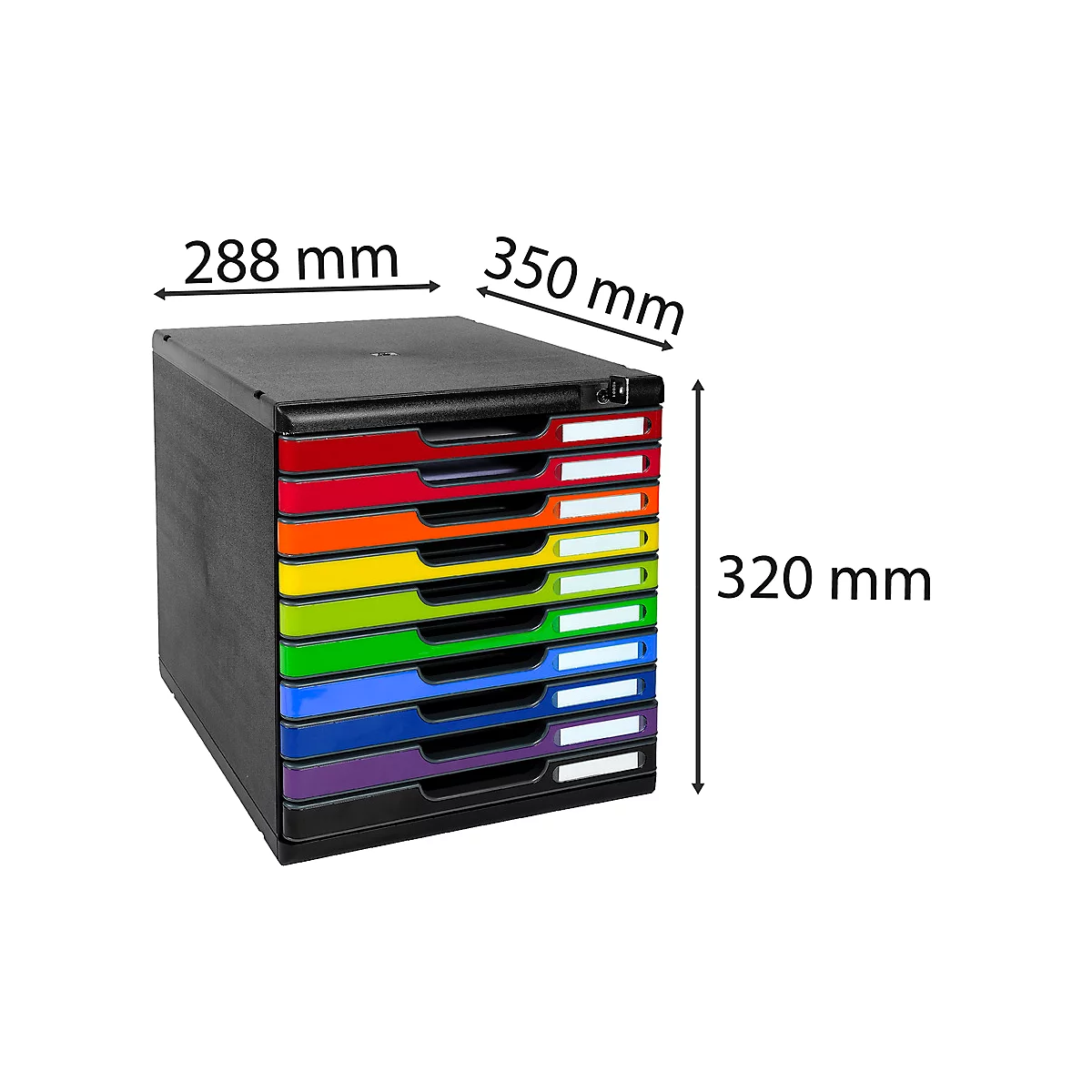 Black letter tray tower with colorful drawers and dimensions: 288 x 350 x 320 mm.