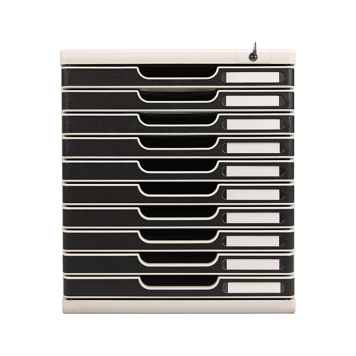 A black and white office file stack with ten compartments and small labels.