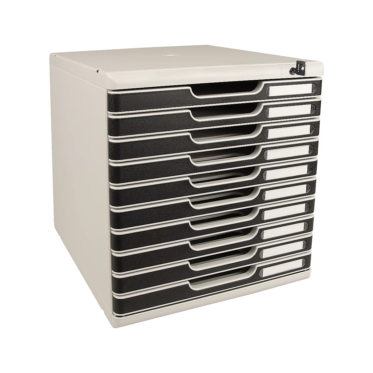 Beige cabinet with multiple black drawers, each with a white label. A lock is on top.