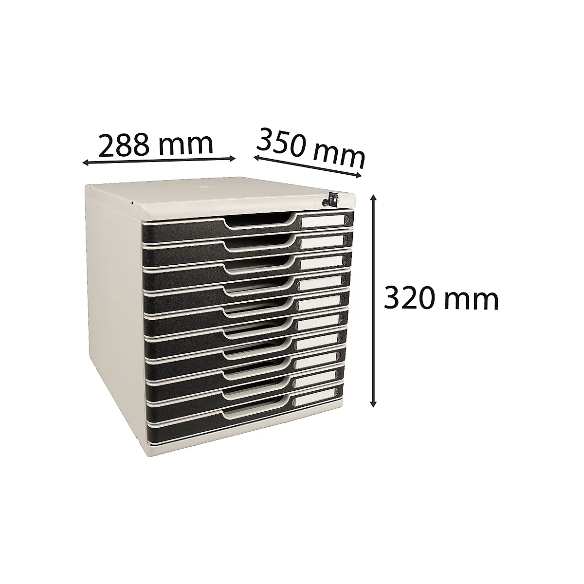 Gray-black filing cabinet with 10 drawers, dimensions: 288x350x320 mm, white background.