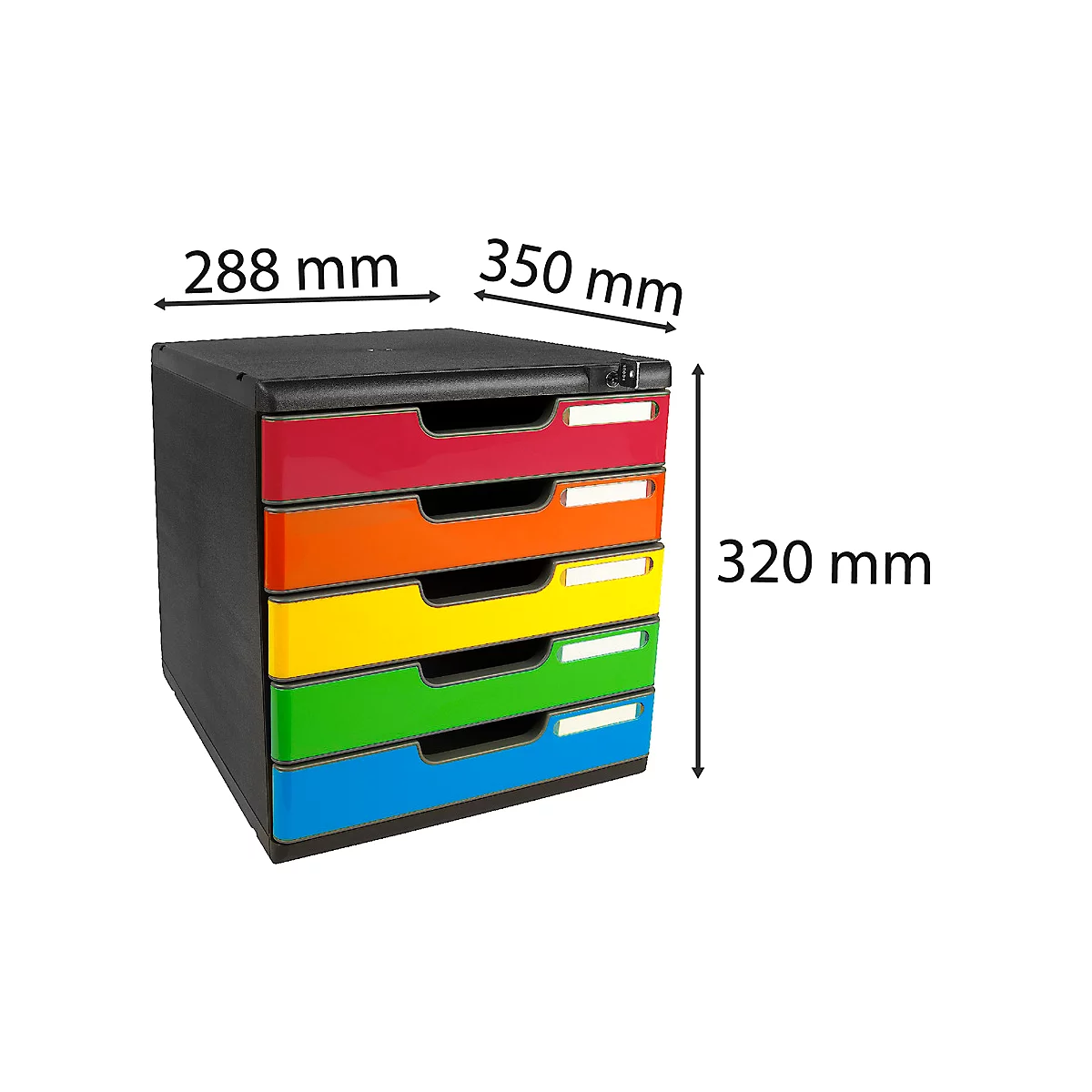 Office cabinet with five drawers in red, orange, yellow, green and blue, with dimensions 288x350x320 mm.