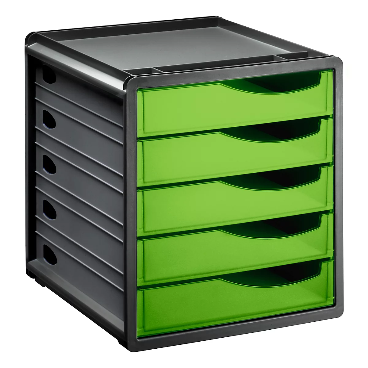 Gray filing cabinet with five drawers. The drawers are bright green, the frame and sides are gray.