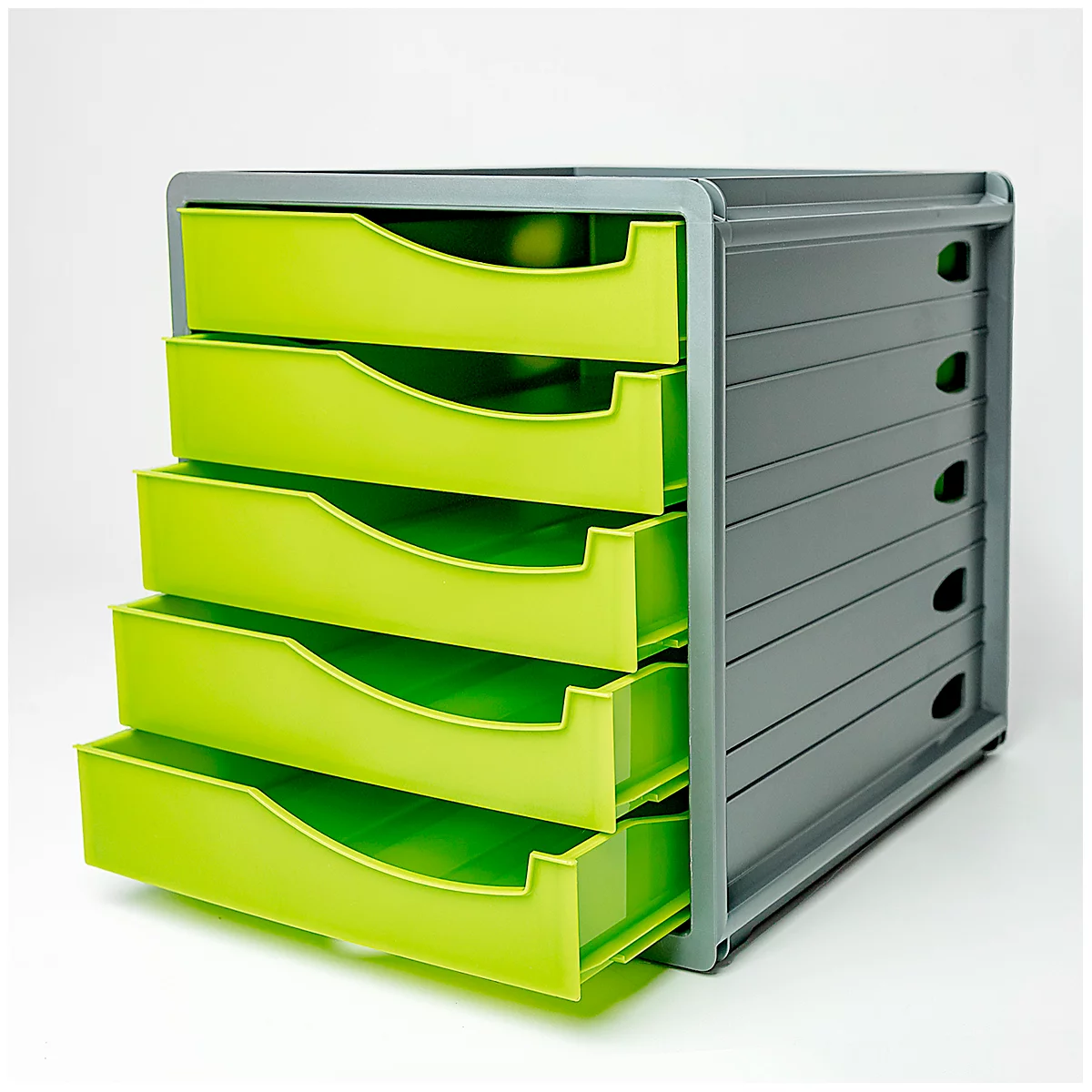 Gray drawer cabinet with five light green drawers. Some drawers are open.