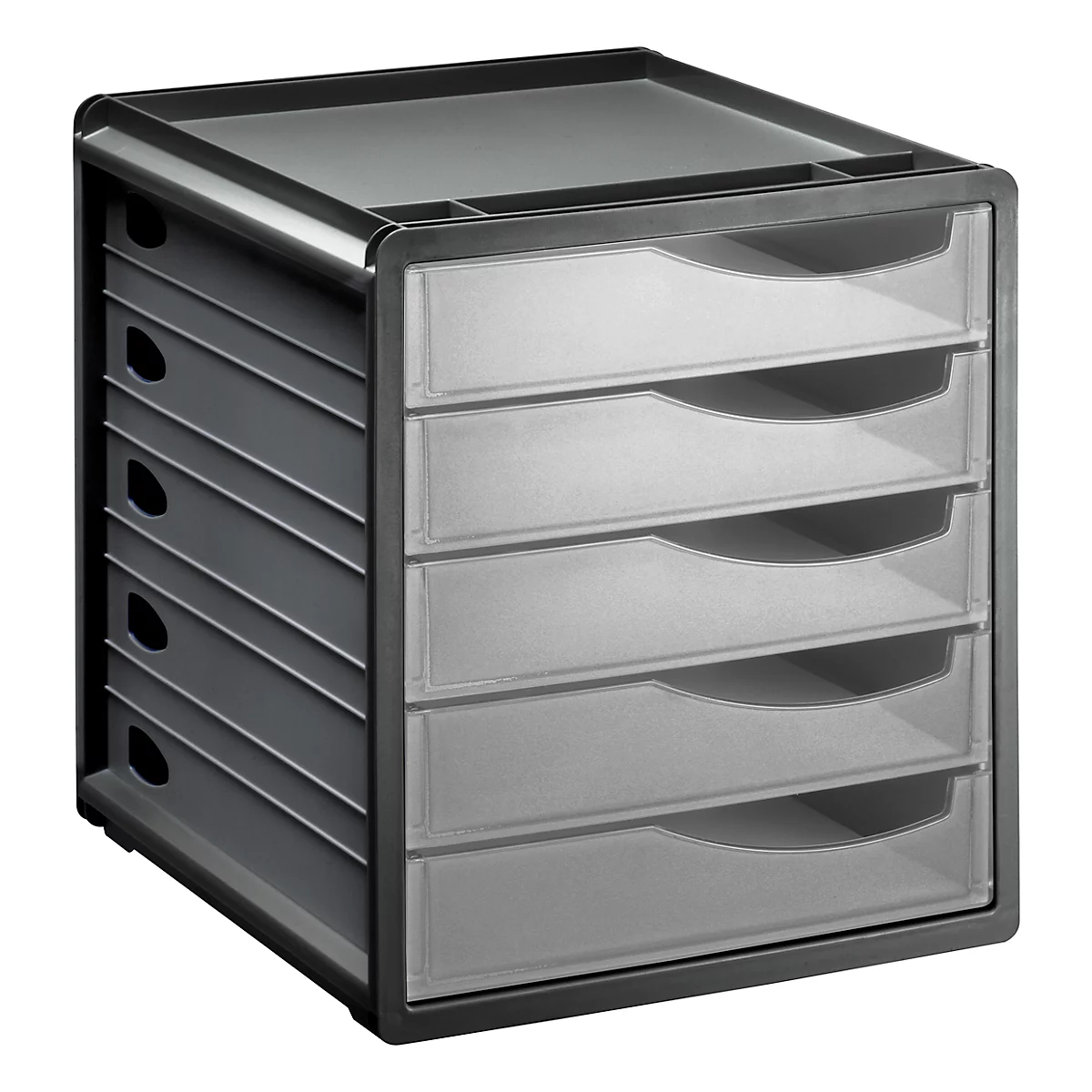 Gray office drawer cabinet with five transparent drawers.