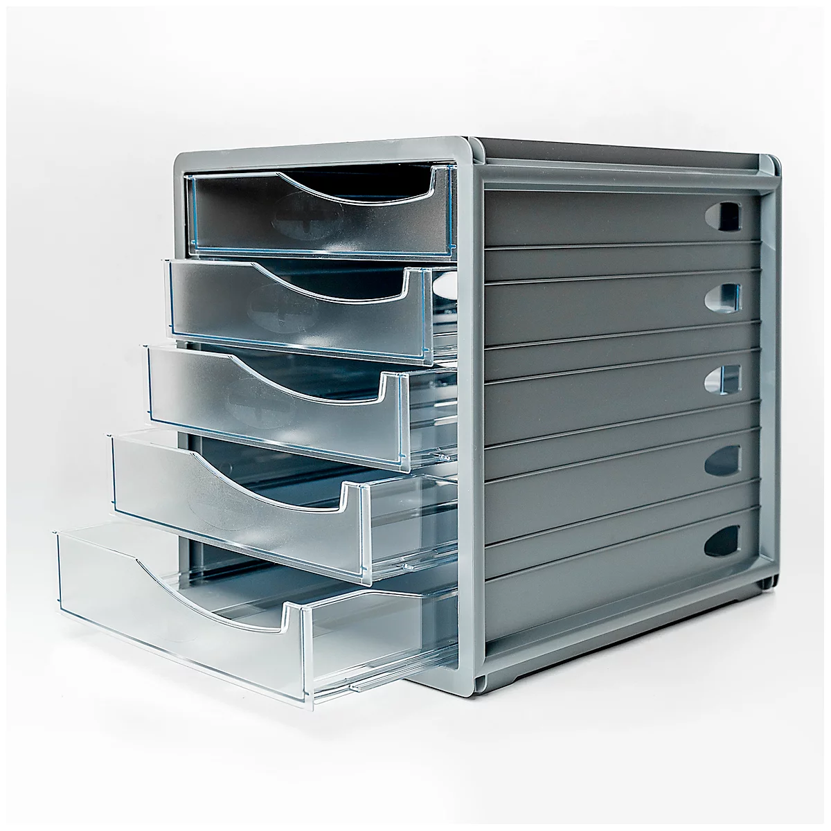 Grey filing cabinet with 5 drawers, one is open.