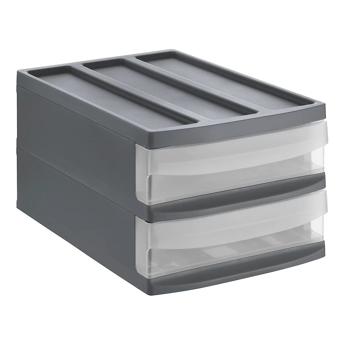Gray drawer box with two drawers, each with a transparent front.