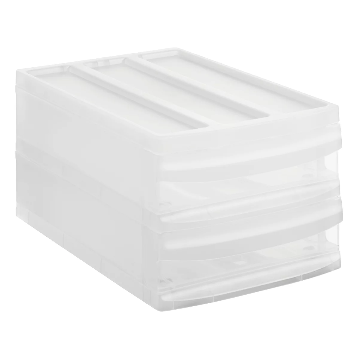 Transparent plastic drawer cabinet with three drawers and a lid. The cabinet stands against a white background.
