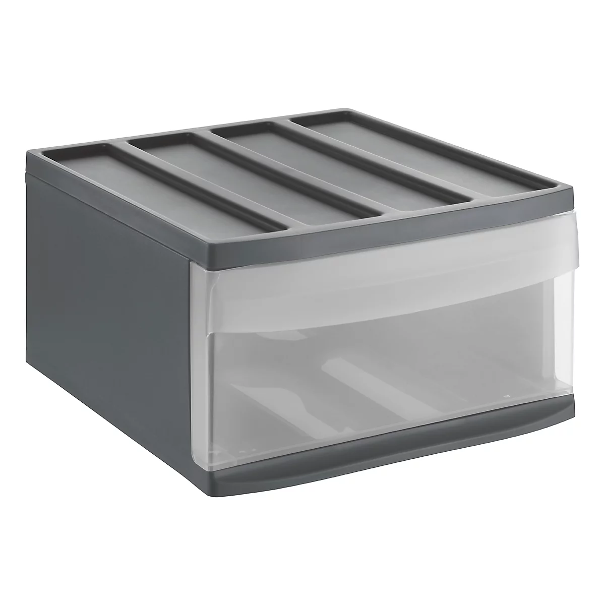Gray drawer box with transparent front. There are four narrow compartments at the top. The box stands in isolation.