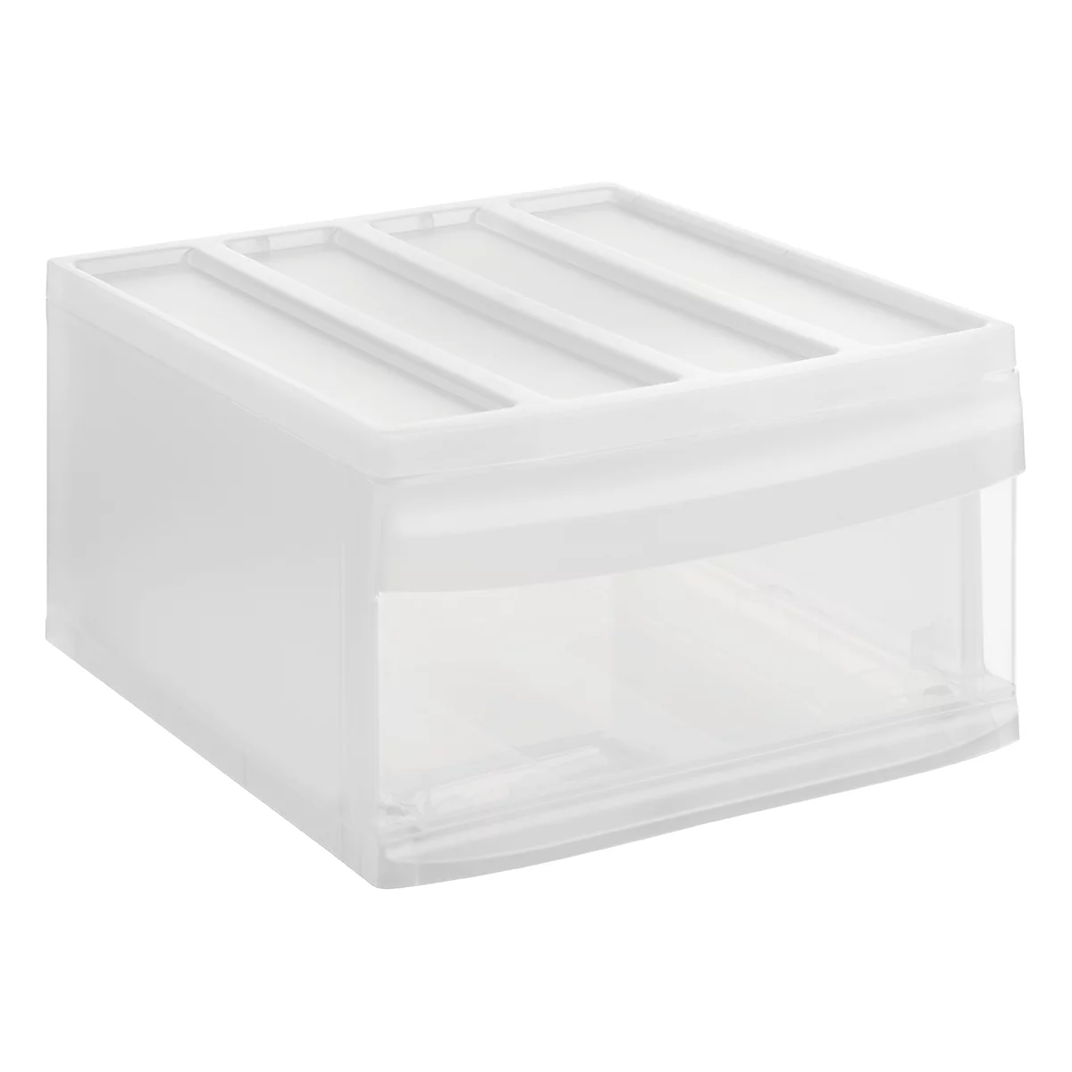 White storage box with lid and drawer, transparent front.