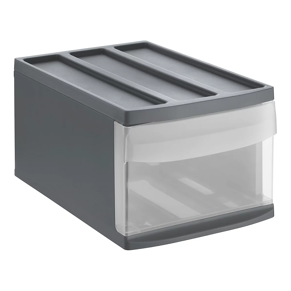 Gray drawer box with transparent drawer. The lid has three elongated recesses.