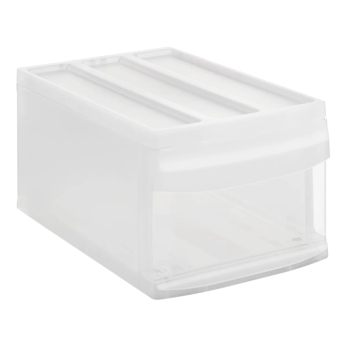 White rectangular storage box with lid and drawer against a white background.