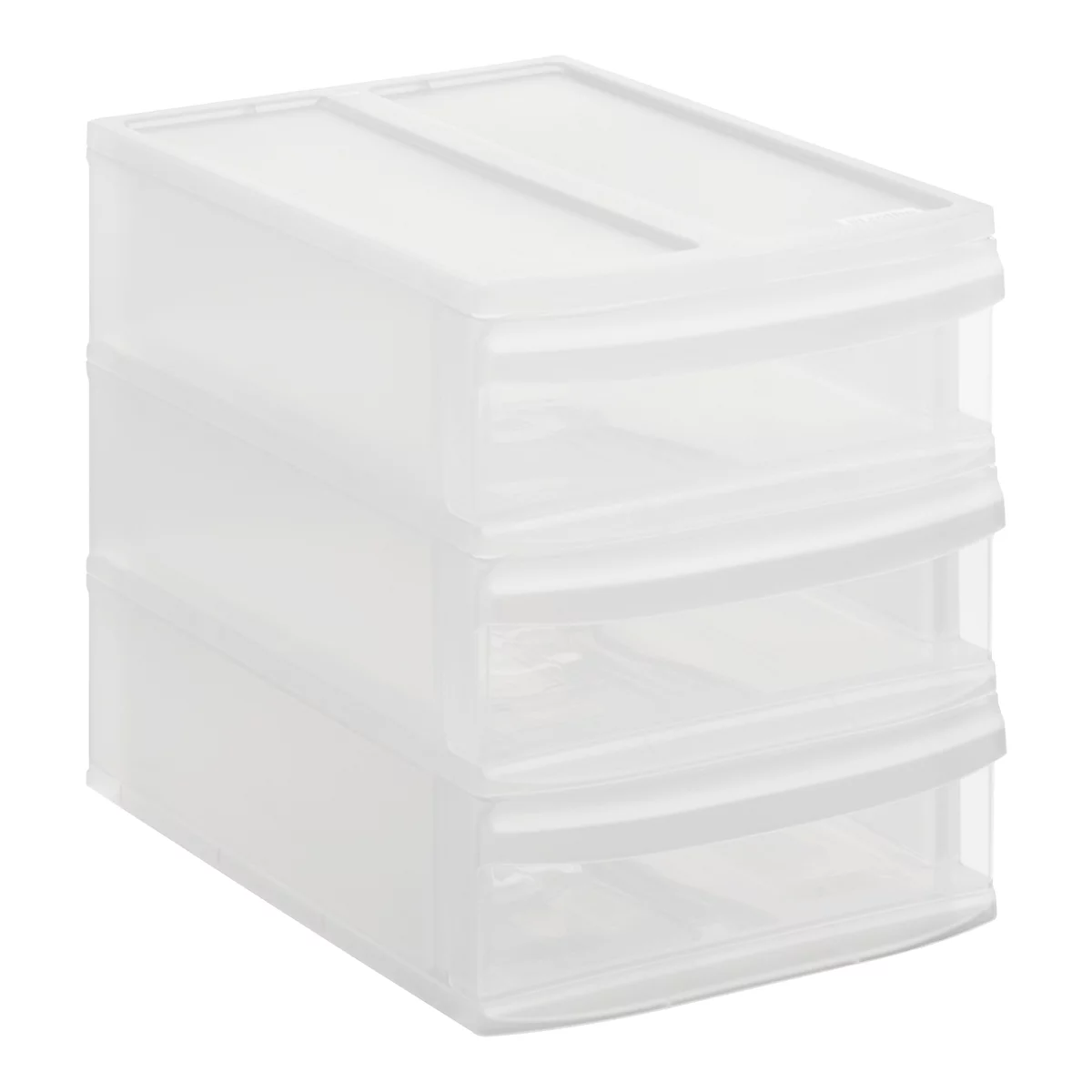 Transparent drawer organizer with three drawers. On a white background.