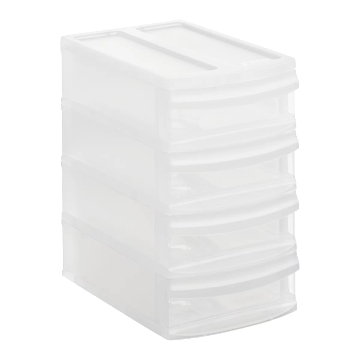Stackable, transparent plastic cabinet with four drawers. The cabinet stands on a white background.