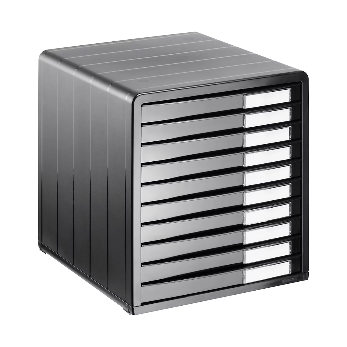 Black file cabinet with drawers. Each drawer has a white label field.