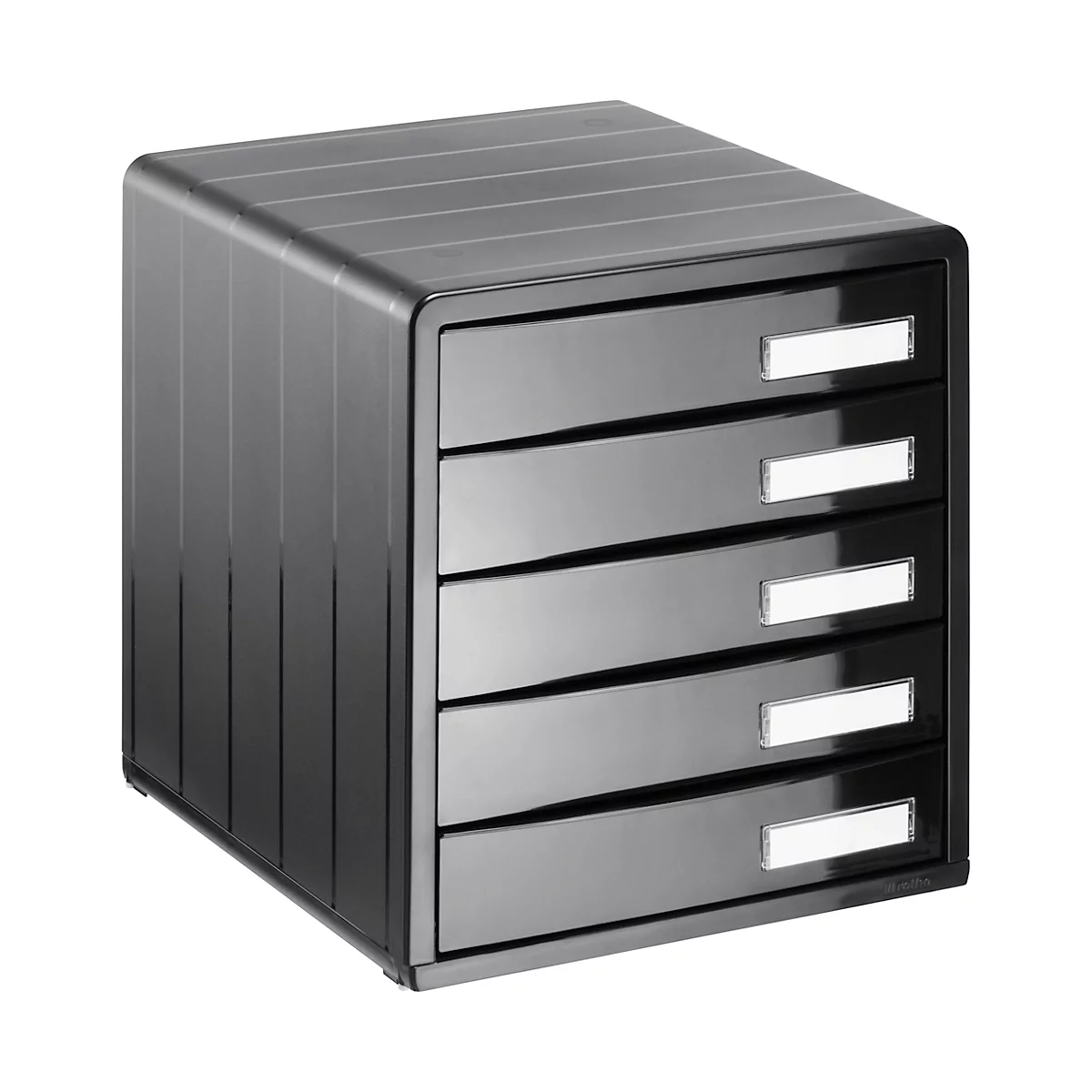 Black five-drawer tower with white labels. The design is rounded, on a white background.