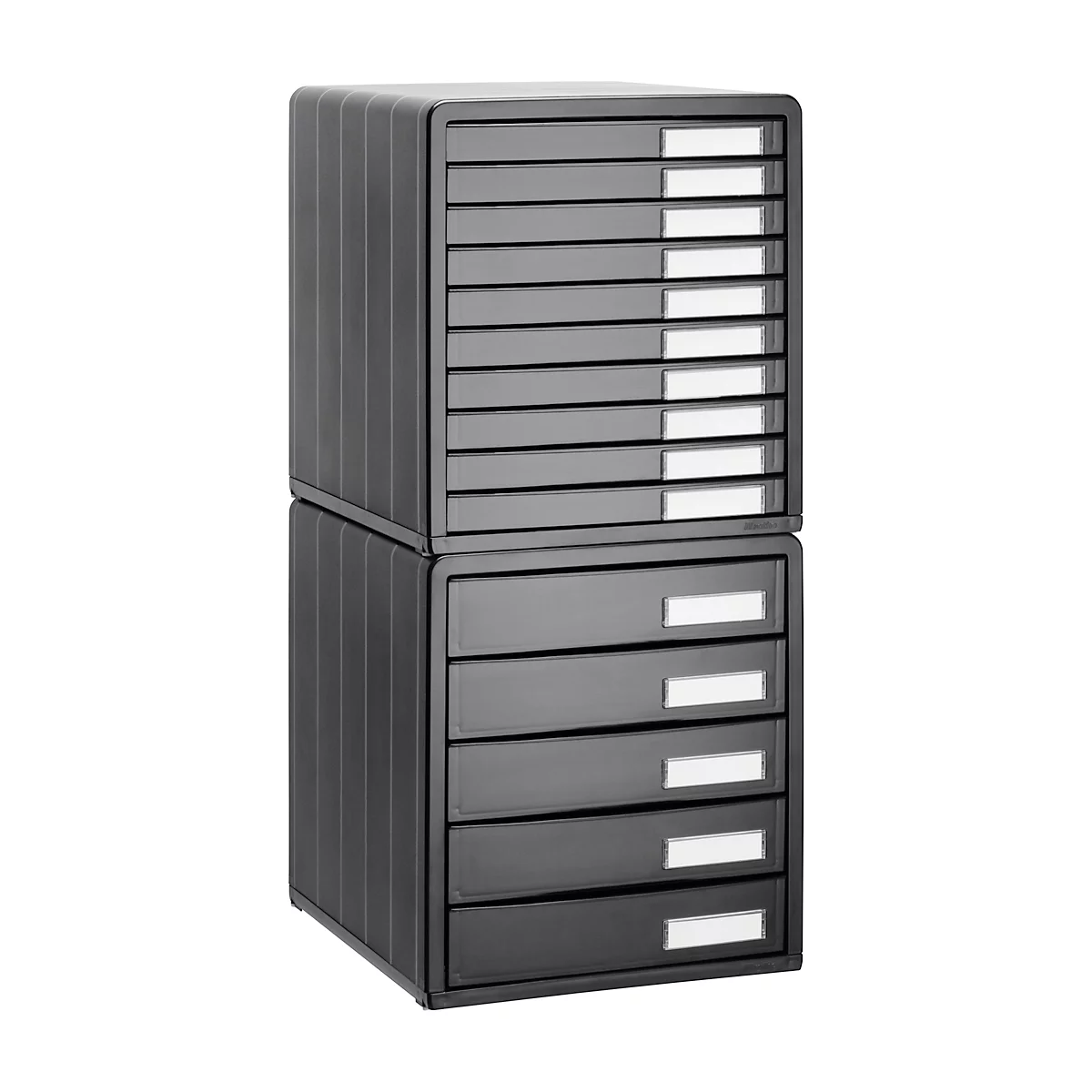 Black filing cabinet with multiple drawers, labels, isolated on a white background.