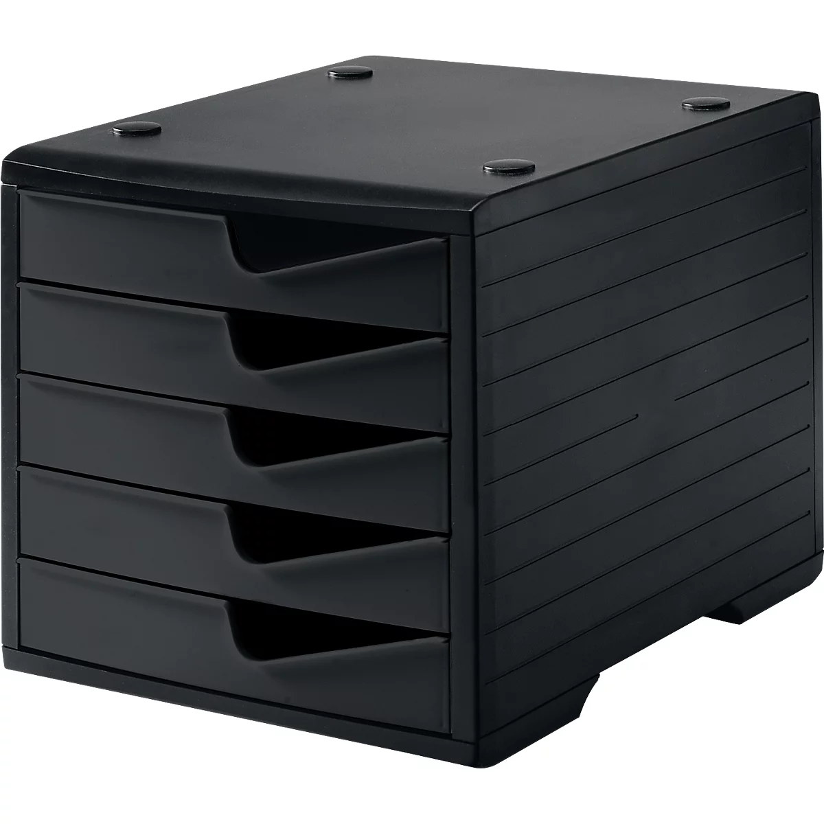 Black office drawer cabinet with five drawers, on a white background.