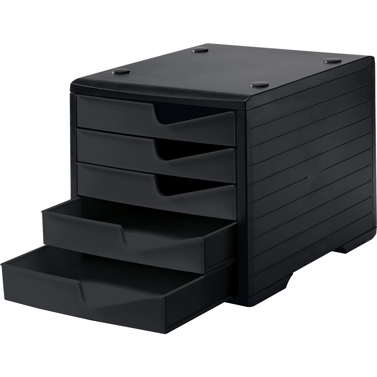 Black drawer box with five drawers, one open. Four round elevations on top.