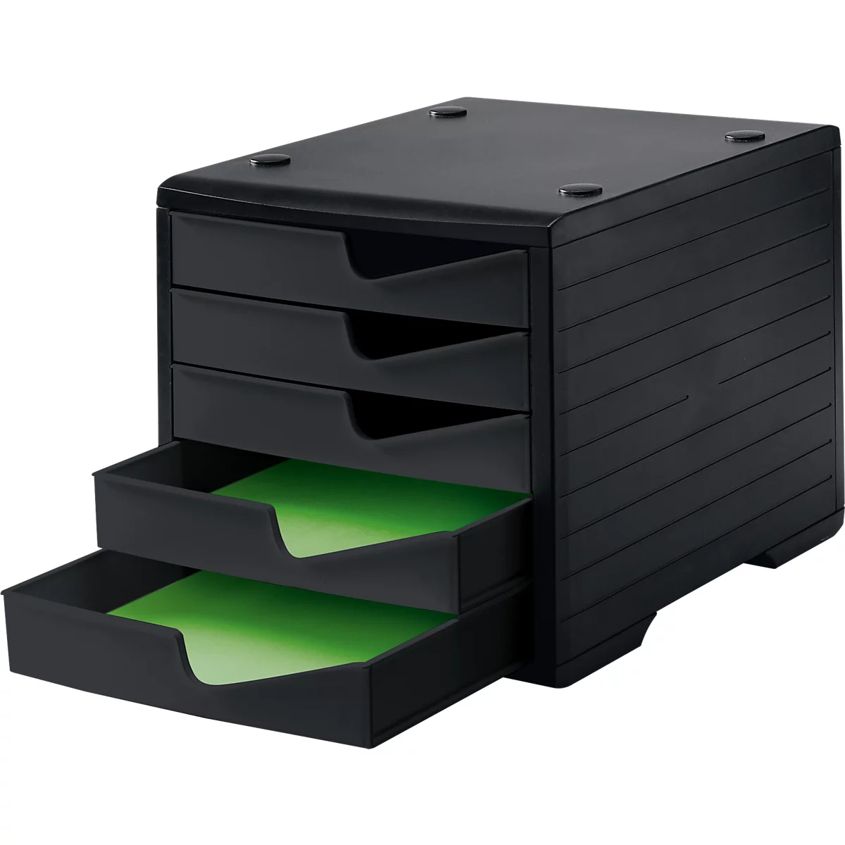 Black office drawer cabinet with four drawers, two are open, with green papers.