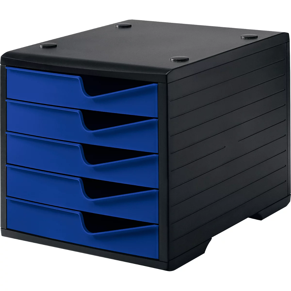 Black office organizer with blue drawers. Five drawers, square, for documents. Standing on a flat surface.