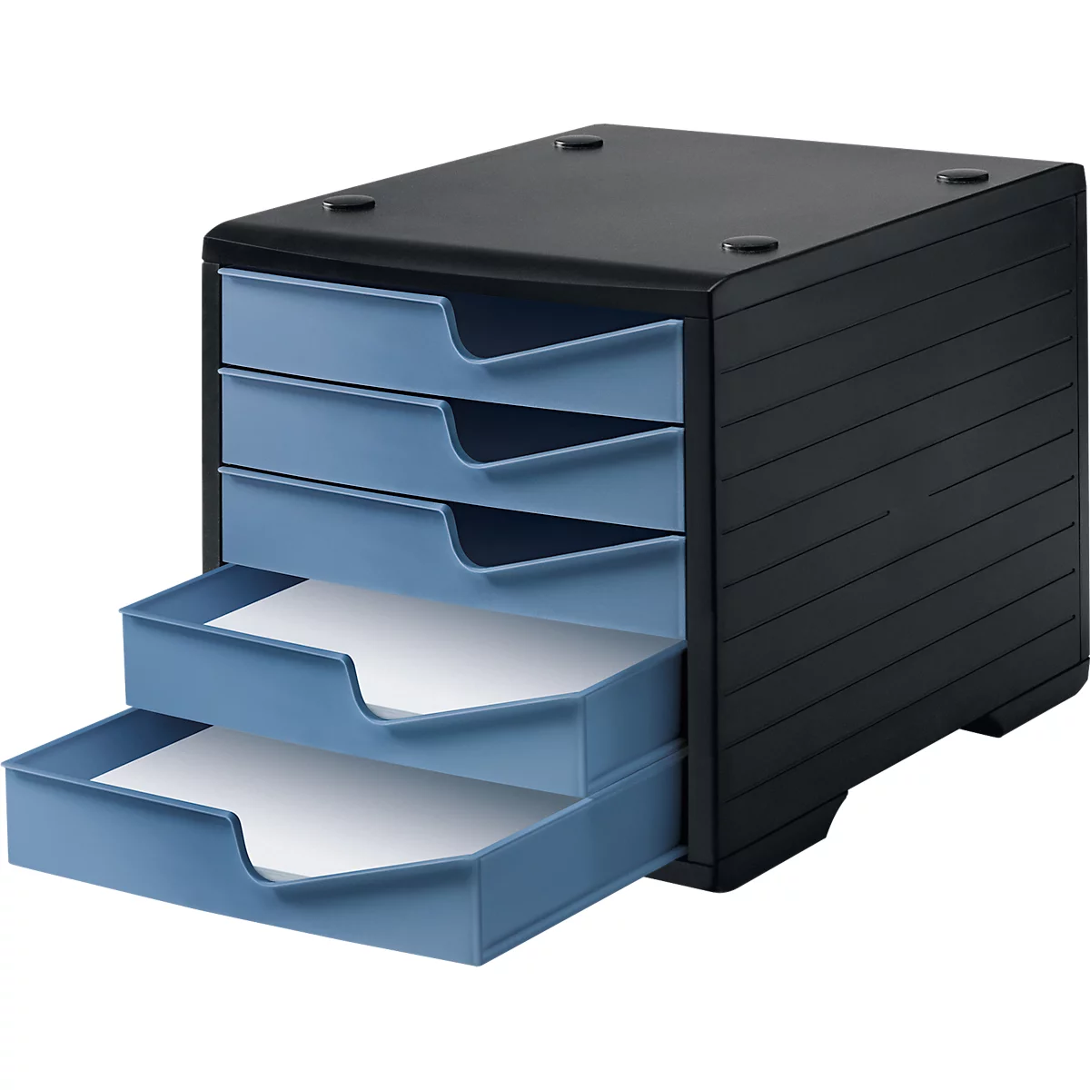 Black document organizer with four blue drawers filled with paper. The drawers are partially open.