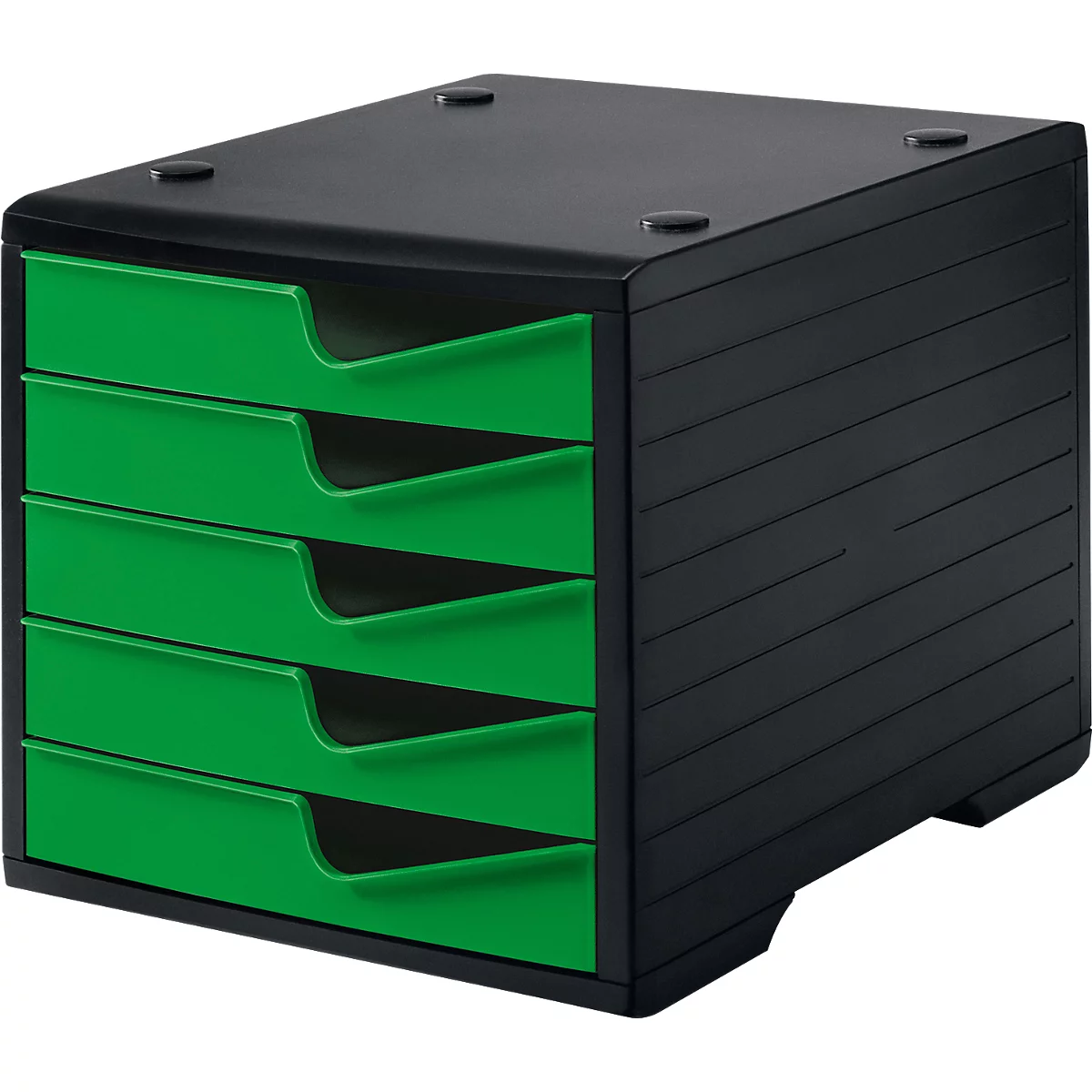 Black filing cabinet with five green drawers. The lid has four small, round elements.