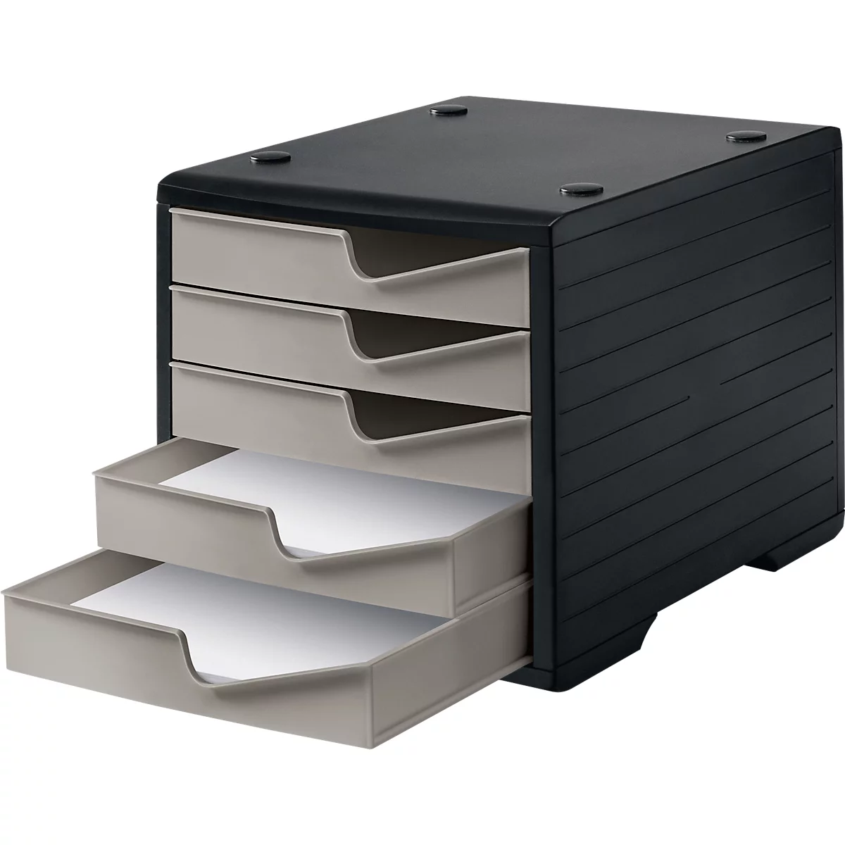 Black storage system with four gray drawers. Three drawers are closed, one is open with white paper.