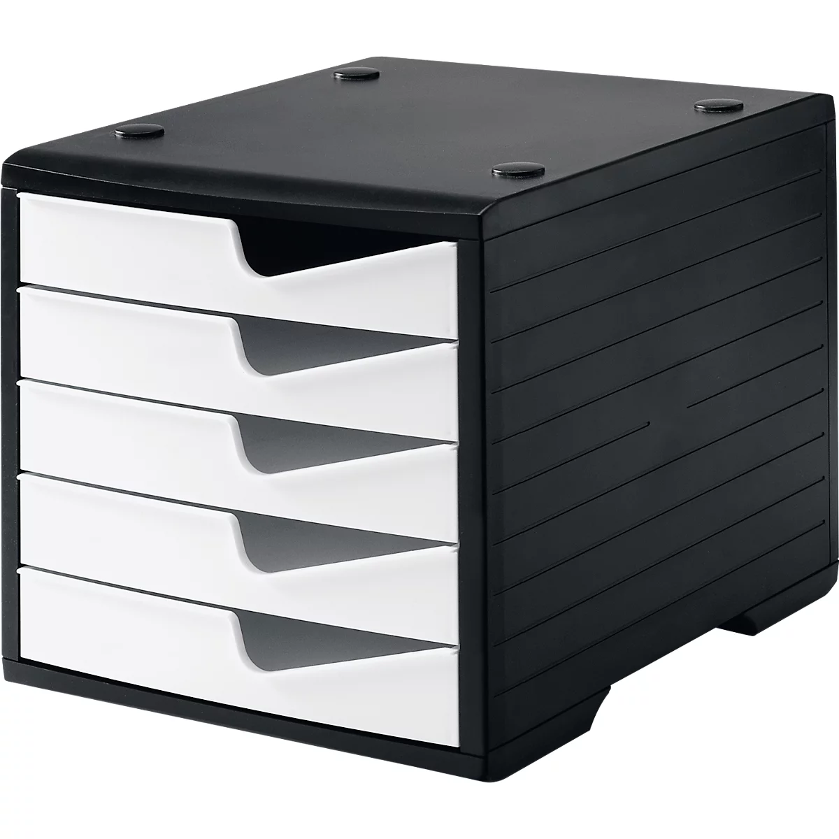 Black office organizer with five white drawers. On top of the organizer are four black dots.