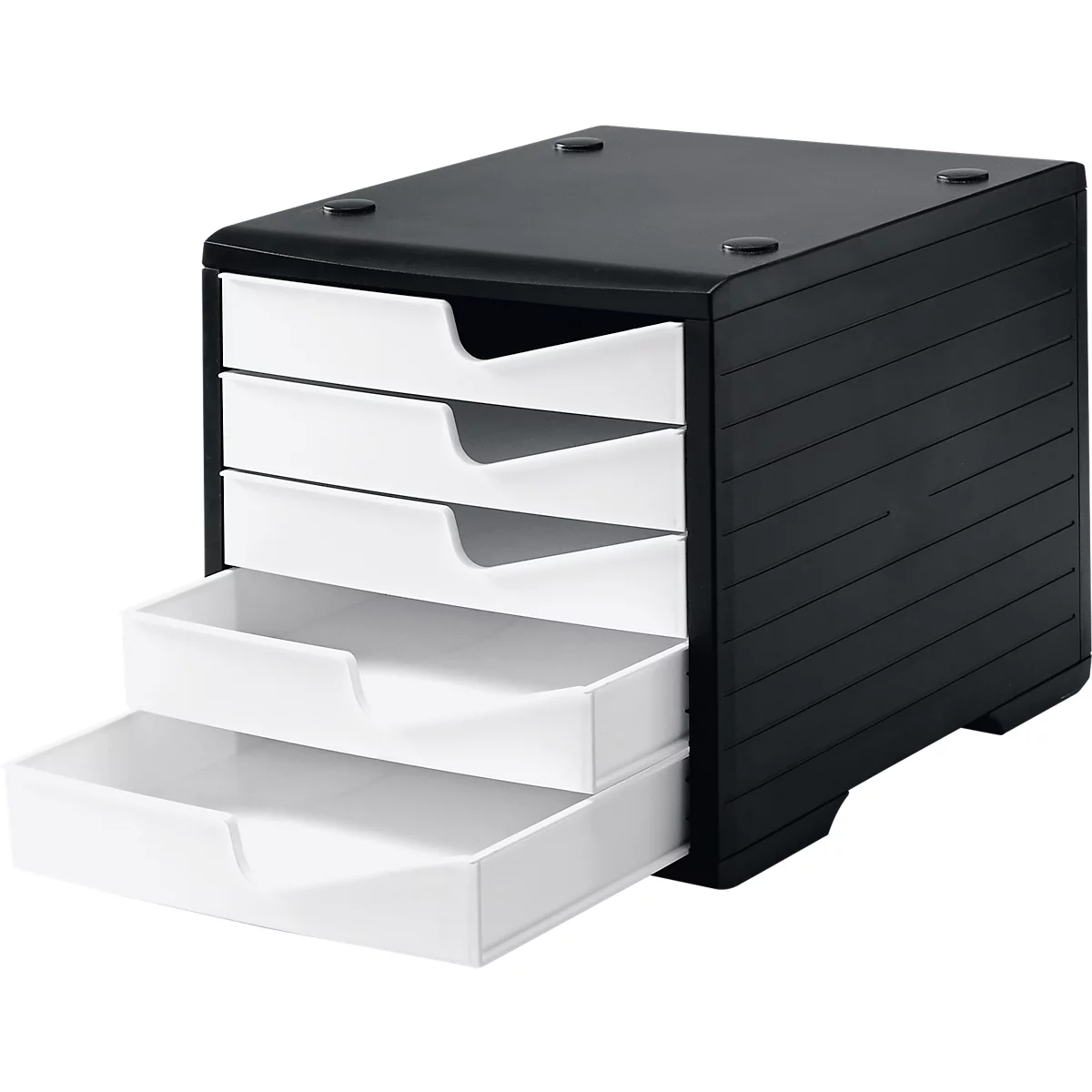 A black, four-tier drawer system. The drawers are white and partially pulled out. The case is ribbed.