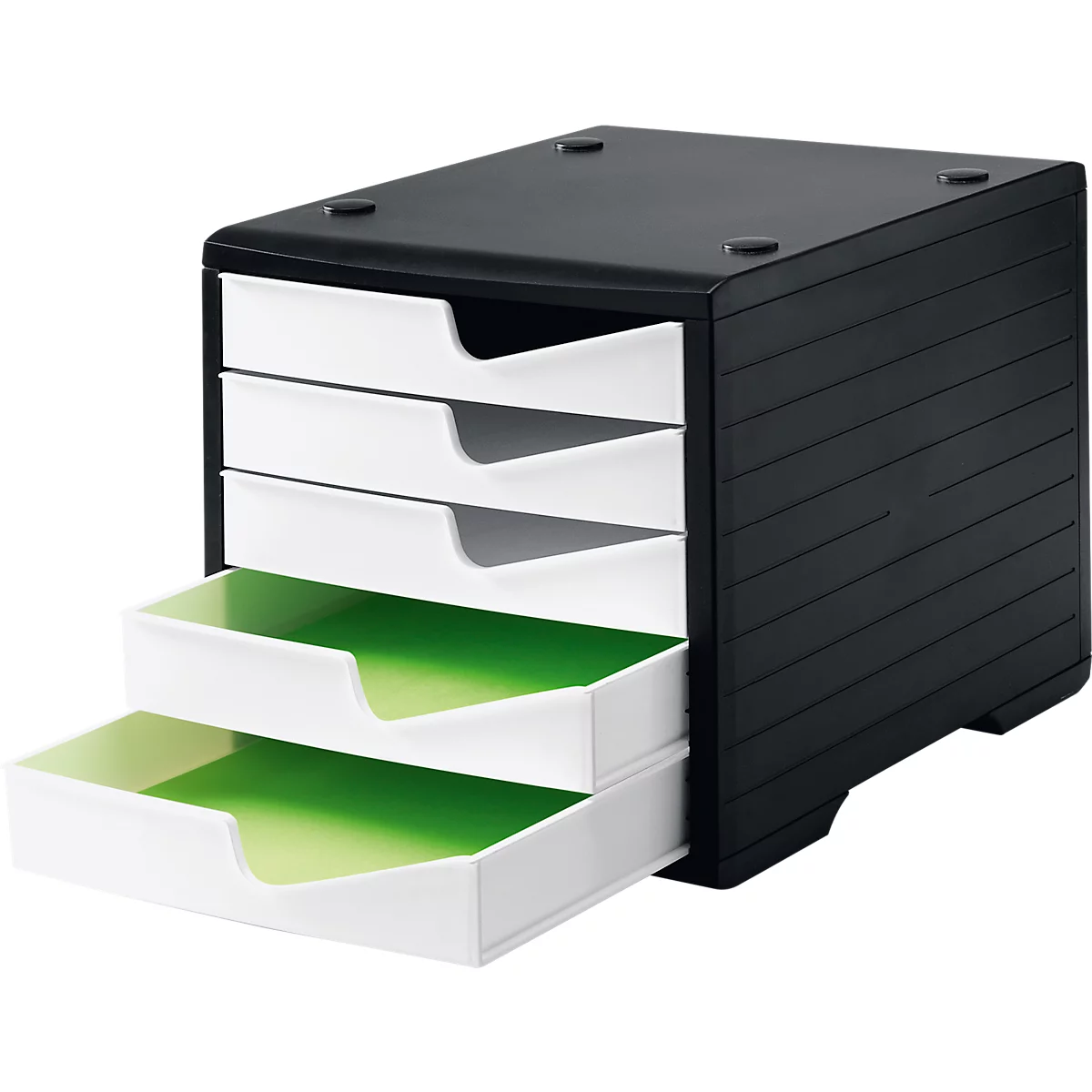 Black office organizer with four drawers, partially open. The drawers are green inside.