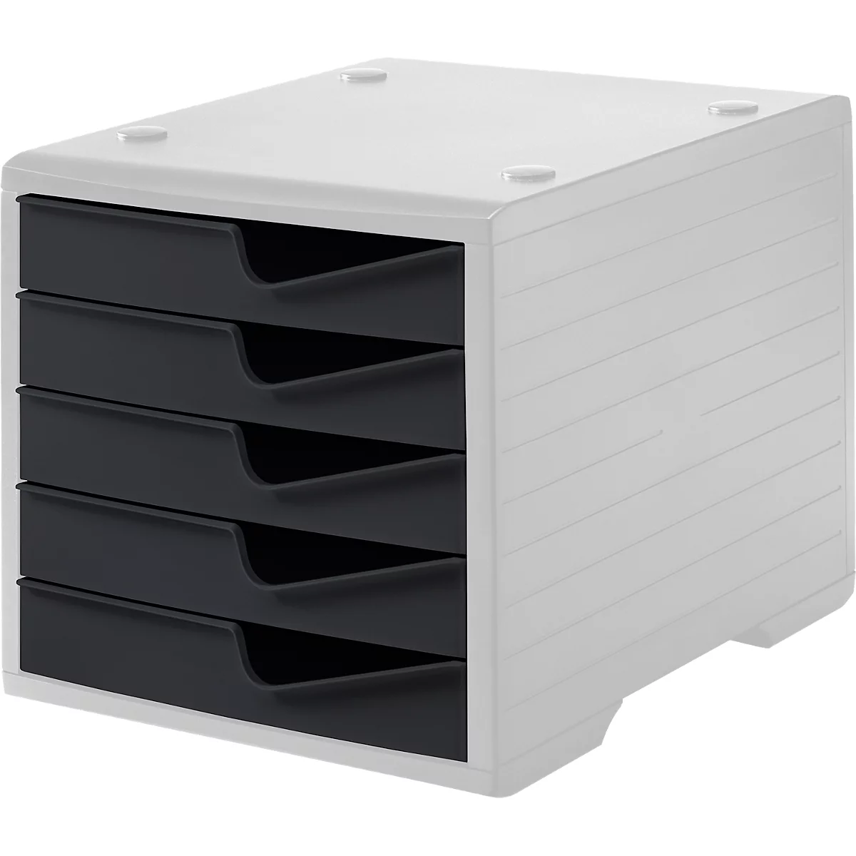 White storage system with four dark drawers. There are four round elevations on the top.