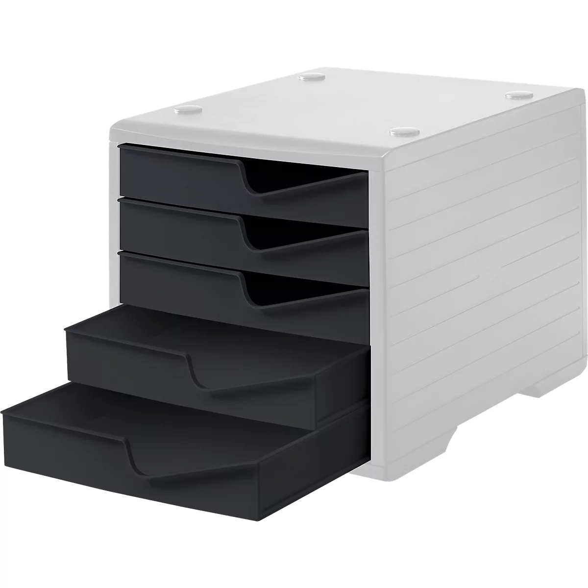 Drawer box, white case with four black drawers. One drawer is open.
