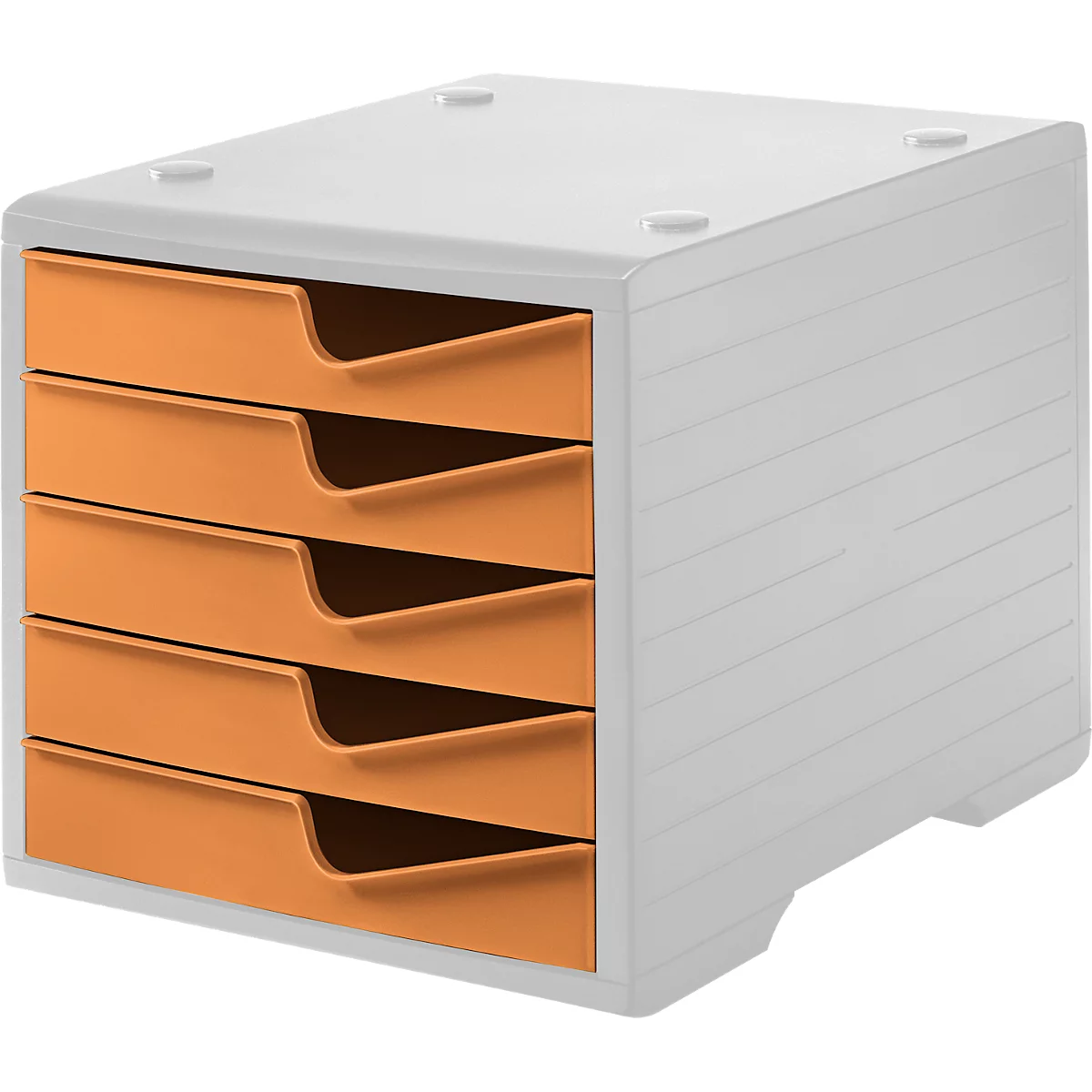 Grey office drawer cabinet with five orange drawers. Small knobs are visible on the top and side.