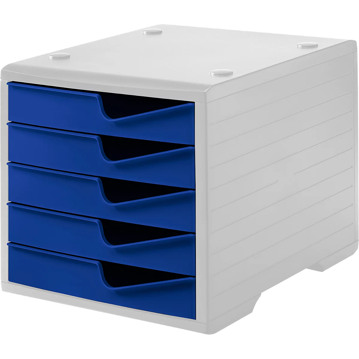 A white, stackable document organizer with four blue drawers.