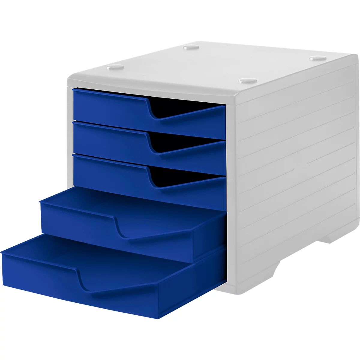White drawer cabinet with four open, blue drawers. Cabinet has ribbed sides.